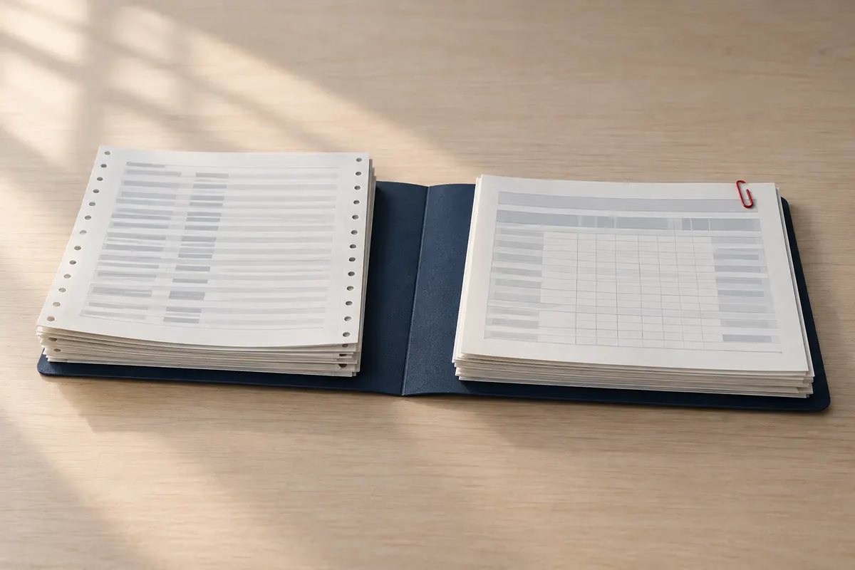 Two stacks of printed payroll registers and wide report forms joined by a navy folder