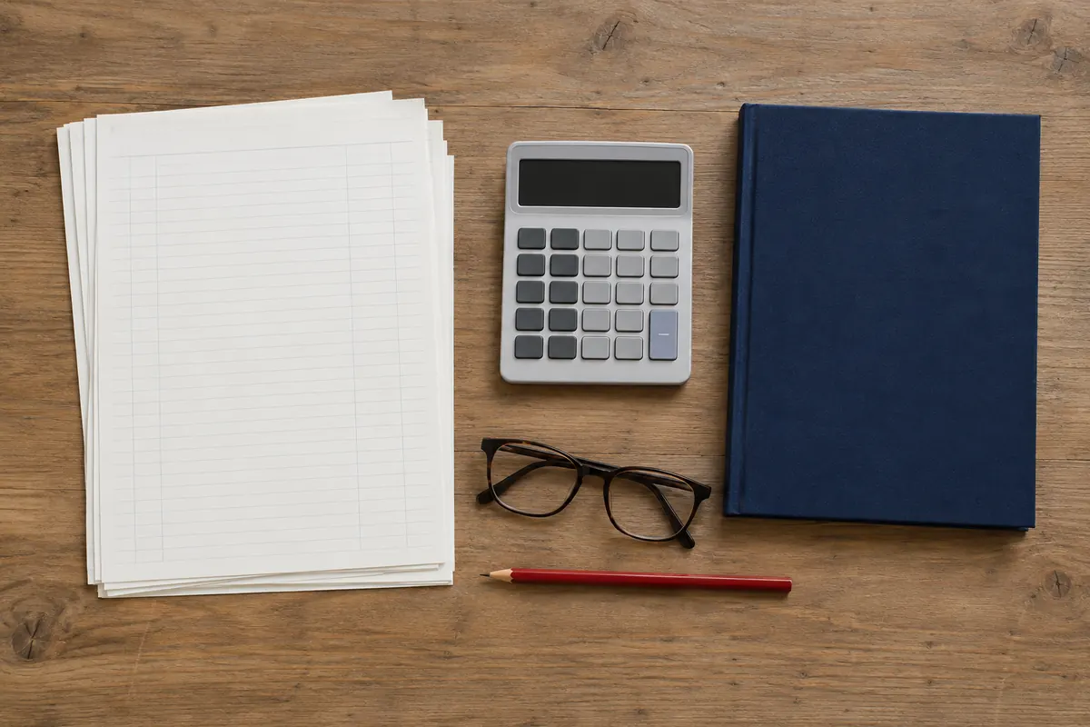 A bookkeeper's desk with a stack of timecards, a calculator, a navy ledger, reading glasses and a red pencil