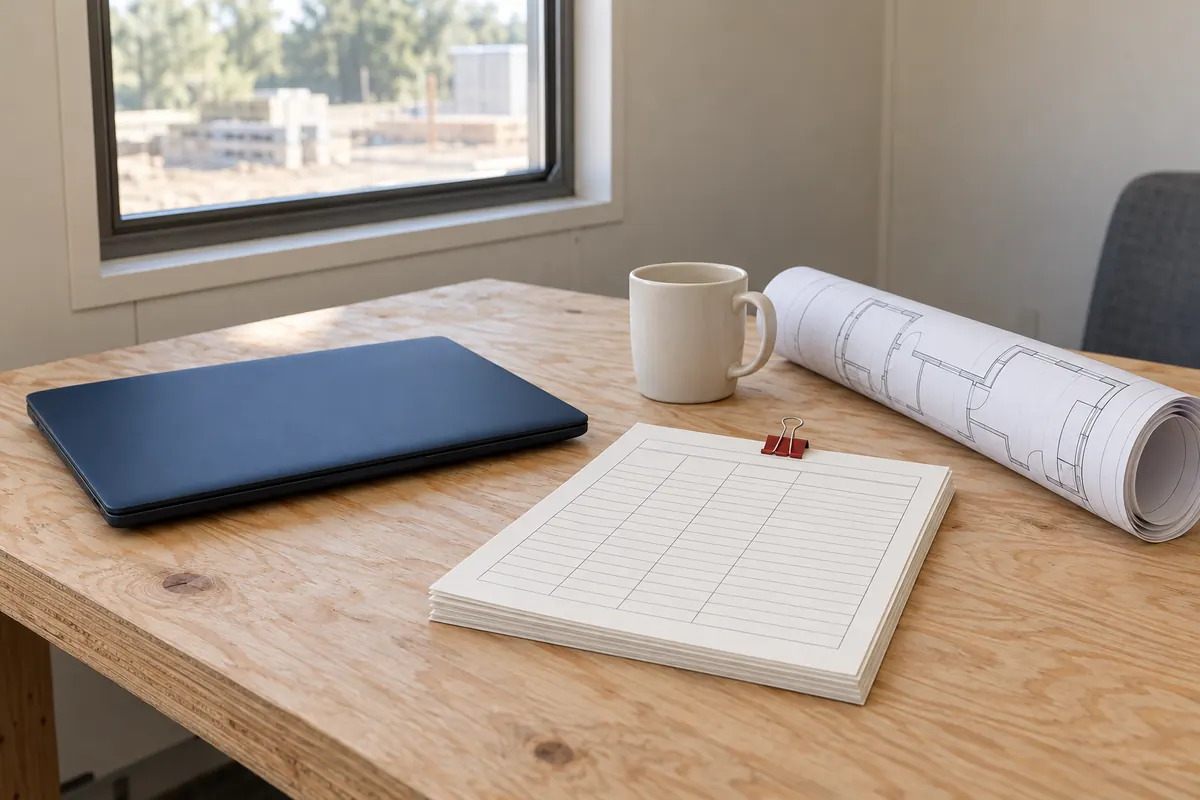 A closed laptop on a jobsite trailer desk beside a clipped stack of weekly payroll forms and rolled blueprints