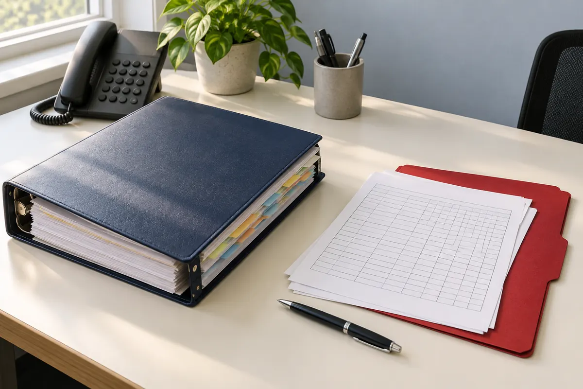 A thick navy binder and desk phone on one side of a site-office desk, a thin crimson folder with blank payroll sheets on the other